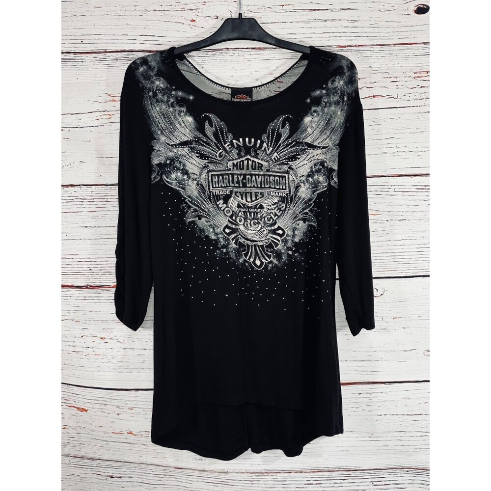 Harley-Davidson Womens Black Genuine Motorcycles Rhinestone & Lace Top Size L Se - Picture 9 of 14